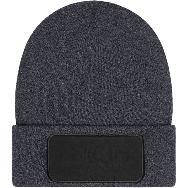 A grey beanie featuring a fold-over cuff and a rectangular patch. Includes a logo on the patch area.