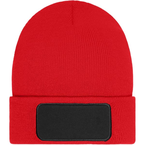 A red beanie featuring a black patch for branding or customisation. Made with Thinsulate material.