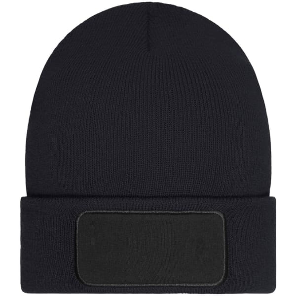 A black beanie with a patch area, featuring a snug fit and made with Thinsulate material.