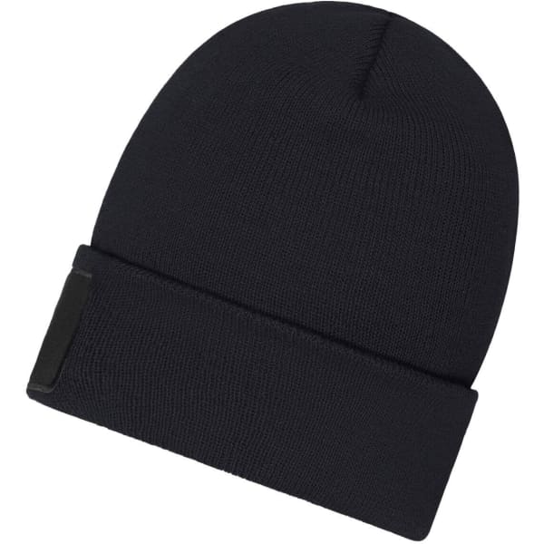A black beanie with a patch, featuring a snug fit and Thinsulate insulation for warmth.
