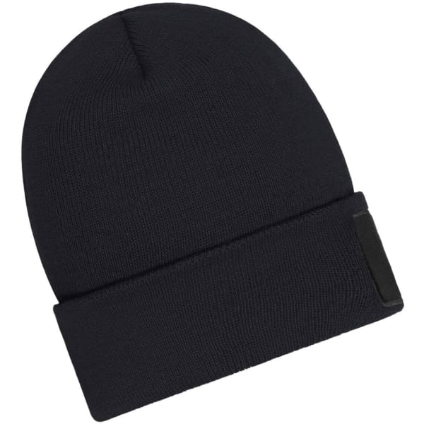 A black beanie made with Thinsulate featuring a patch and a cuffed design.