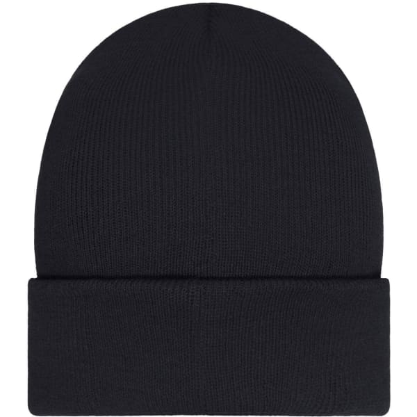 A black beanie with a foldable cuff and a patch, featuring a ribbed texture.