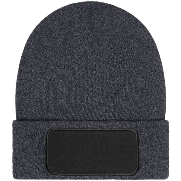 A dark grey beanie with a folded cuff and a black patch area for branding or decoration.
