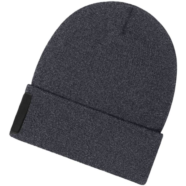 A dark grey beanie with a fold and a patch, designed for warmth with Thinsulate insulation.