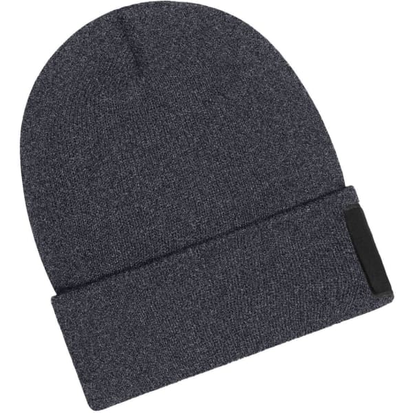 A grey beanie with a folded cuff and a patch. The material includes Thinsulate for warmth.