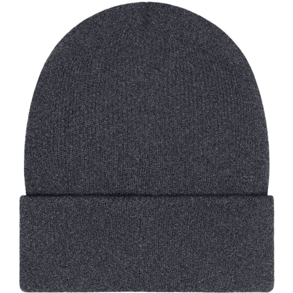 A grey beanie with a folded cuff and a patch, designed for warmth and style.