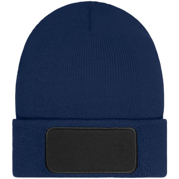 A navy beanie featuring a black patch. The material is Thinsulate, providing warmth and comfort.