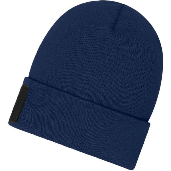 A navy blue beanie with a folded cuff and a patch. The material appears to be Thinsulate.