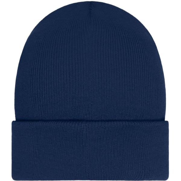 A navy blue beanie with a ribbed texture and a folded cuff, featuring a patch.