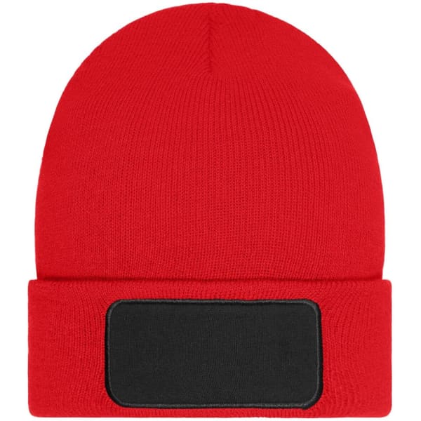 A red beanie made with Thinsulate, featuring a black patch for customisation.