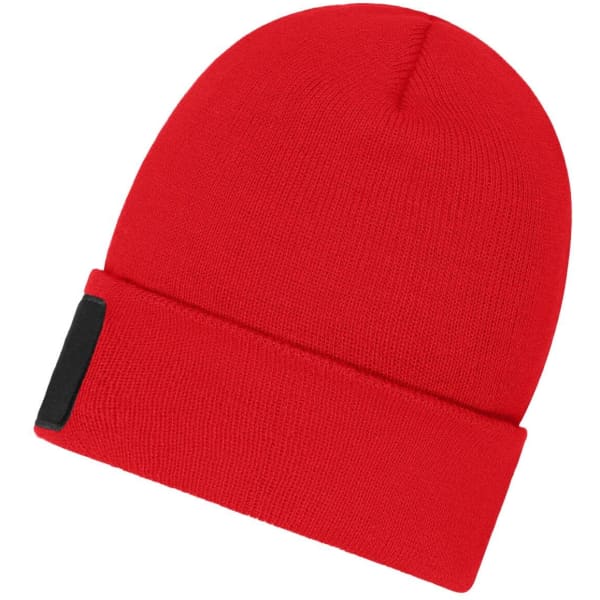 A red beanie featuring a black patch and made with Thinsulate material.