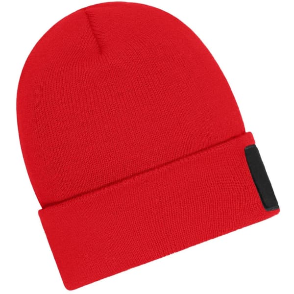 A red beanie featuring a black patch, made with Thinsulate material for warmth.