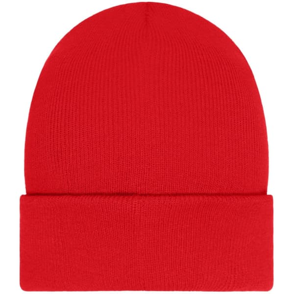 A red beanie with a folded cuff, featuring a patch and made with Thinsulate material.
