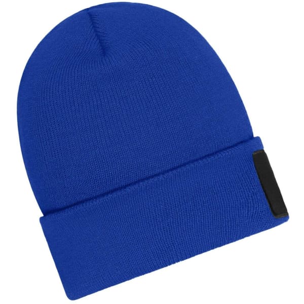 A blue beanie featuring a patch, made with Thinsulate material.