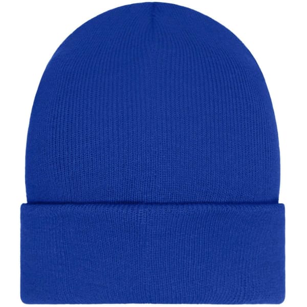 A blue beanie with a folded cuff and a patch. It features a textured knit design.