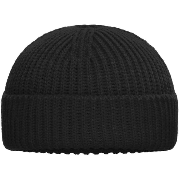 A black knitted beanie with a ribbed texture and a folded cuff. It features a brand logo.