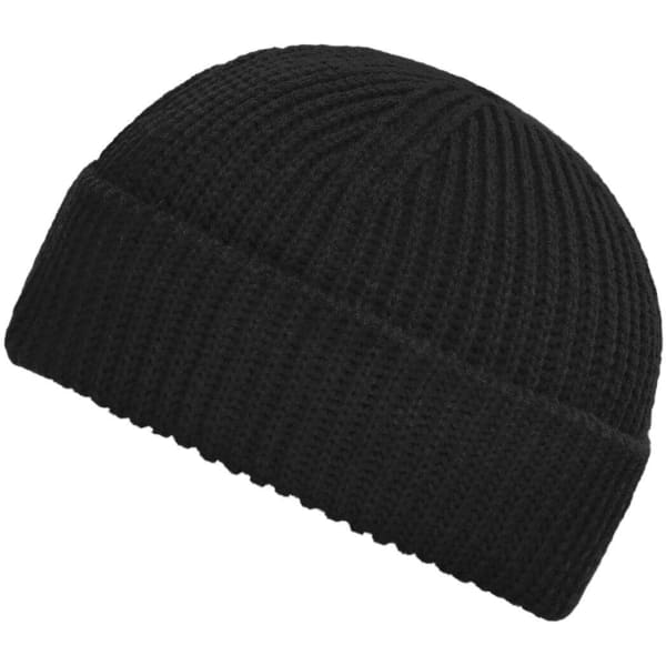 A black fisherman beanie with a textured knit pattern and a snug fit. It features a logo.