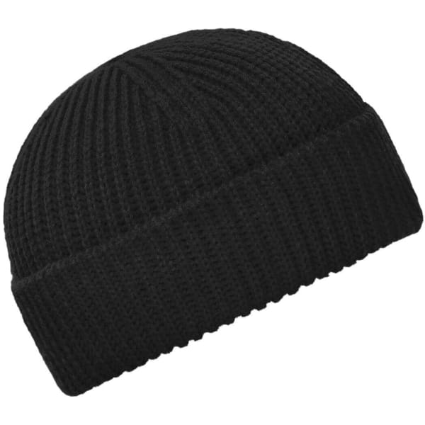 A black knitted beanie with a ribbed texture and a folded cuff, featuring a logo.