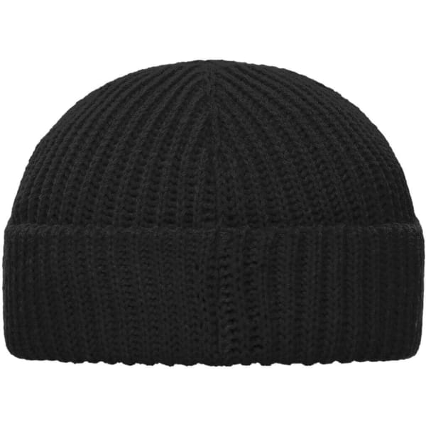 A black Fisherman Beanie with a ribbed texture and a folded cuff, featuring a logo on the side.
