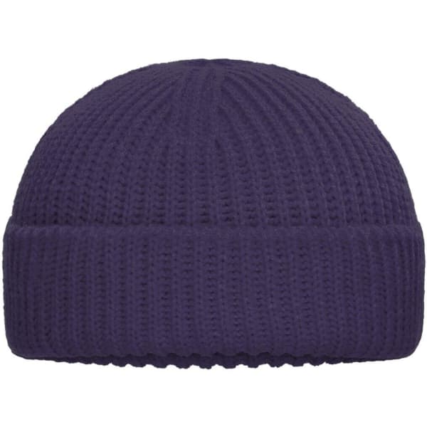 A purple Fisherman Beanie with a ribbed texture and a folded brim, featuring a logo.