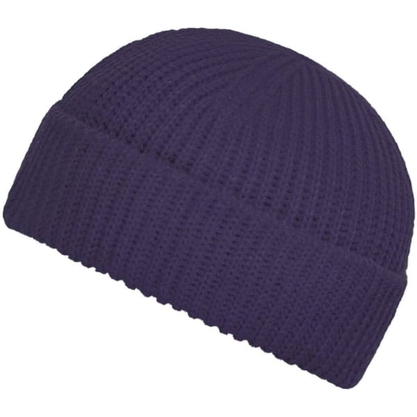 A purple Fisherman Beanie with a ribbed texture and a folded cuff, featuring a logo.