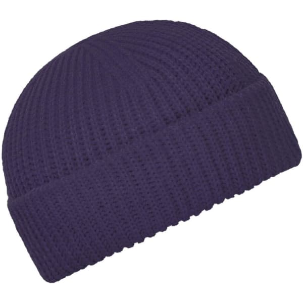 A purple Fisherman Beanie with a ribbed knit design, featuring a fold-up cuff. It has a logo on the side.