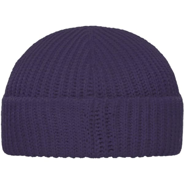 A purple Fisherman Beanie with a ribbed texture and a folded cuff, featuring a logo on the side.