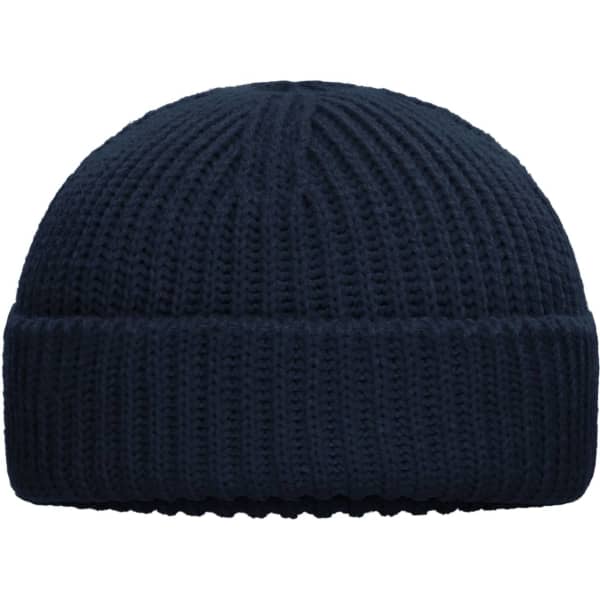 A navy knitted beanie with a ribbed texture and a folded cuff. It features a logo on the side.