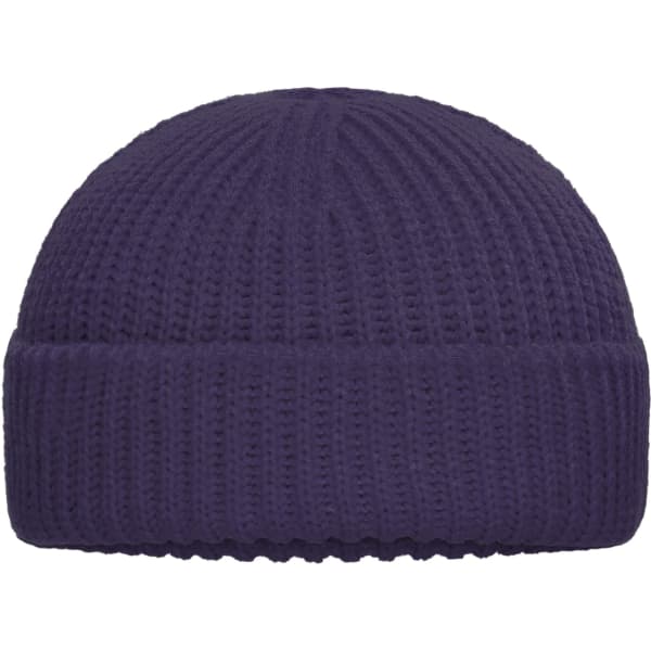 A purple Fisherman Beanie with a ribbed texture and a folded cuff. Features a logo on the side.