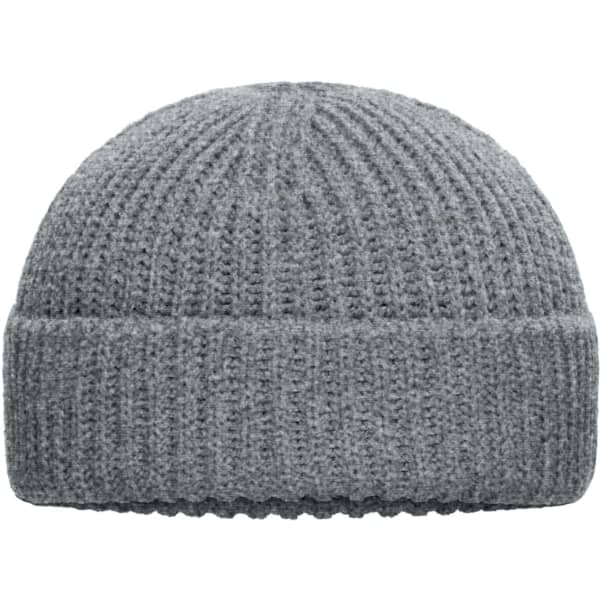 A grey Fisherman Beanie made from ribbed knit material, featuring a folded cuff. It has a logo on the side.