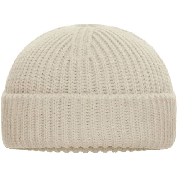 A cream beanie with a knitted texture and a folded brim, featuring a logo.