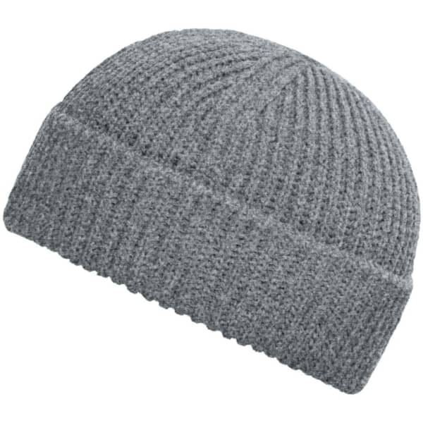 A grey ribbed fisherman beanie with a folded cuff and textured knit design.