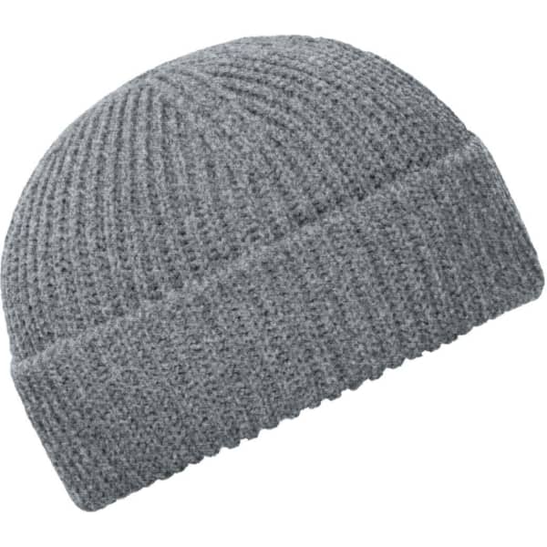 A grey beanie with a ribbed texture, featuring a fold-up brim and a logo.