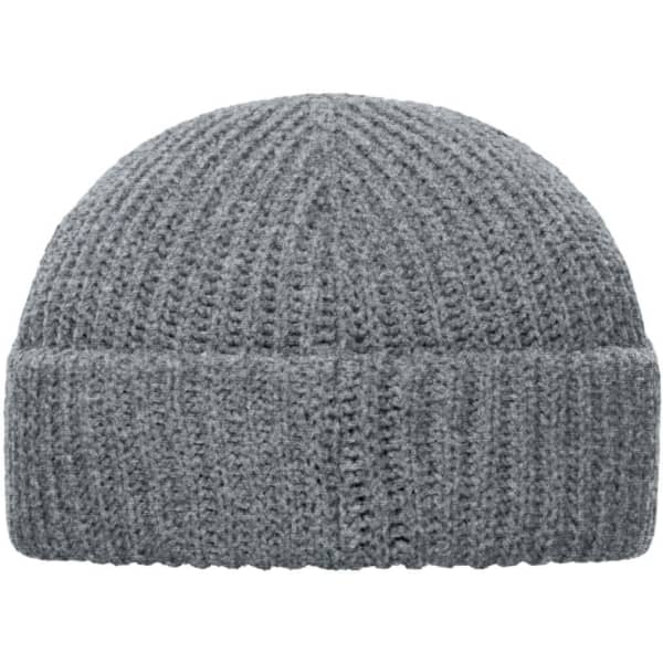 A grey ribbed beanie featuring a fold-over cuff and a logo.