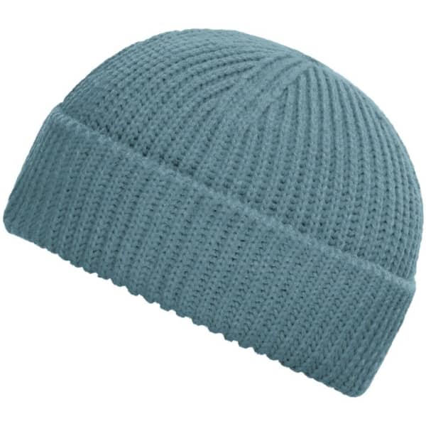 A blue fisherman beanie with a ribbed texture and a folded cuff, featuring a logo.
