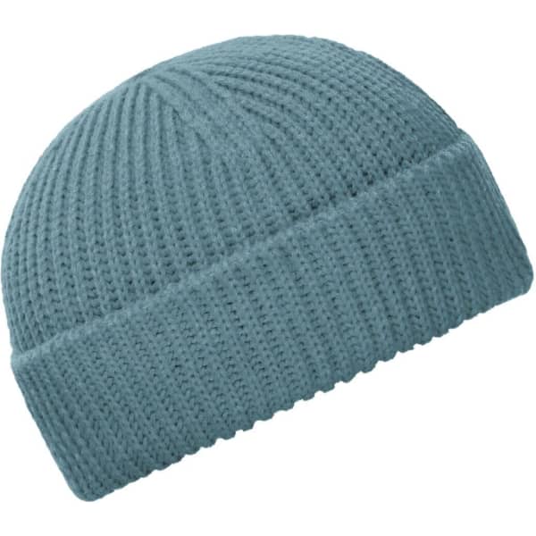 A knitted fisherman beanie in a soft blue colour, featuring a folded cuff and textured design.
