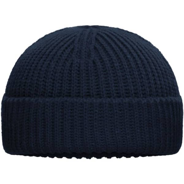 A navy blue knitted beanie with a folded cuff and a textured design. It includes a logo on the side.