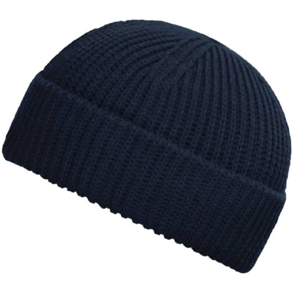 A navy blue knitted beanie with a rolled cuff and a textured pattern. It features a small logo on the side.