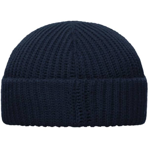 A navy blue knitted beanie with a ribbed texture and folded brim. Features a logo on the side.