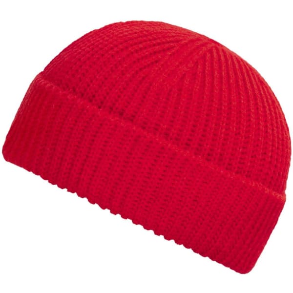 A red knitted beanie with a ribbed texture, featuring a logo on the side.