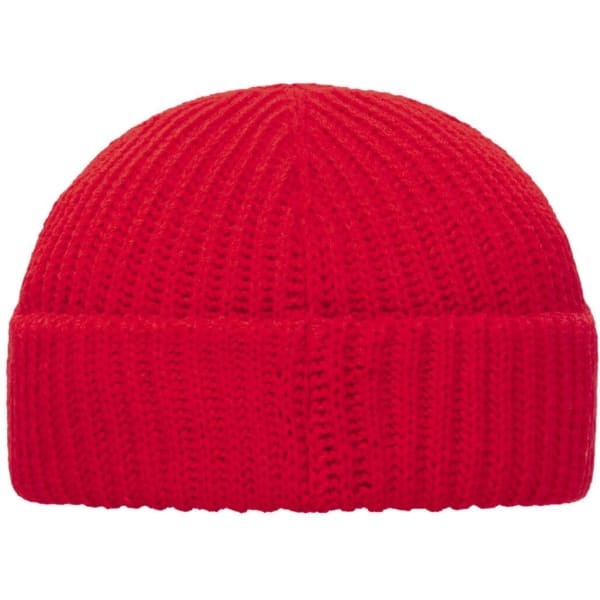 A red fisherman beanie with a ribbed texture and a folded brim. It includes a branding logo.