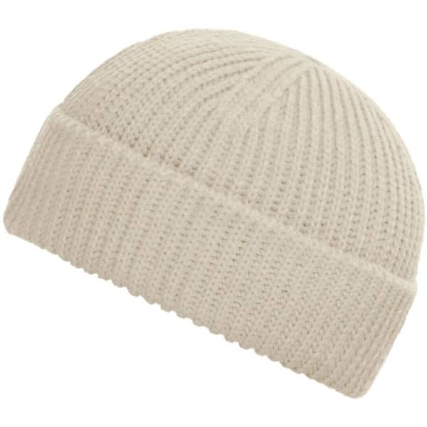 A cream-coloured beanie with a ribbed texture and a folded cuff. It features a logo.