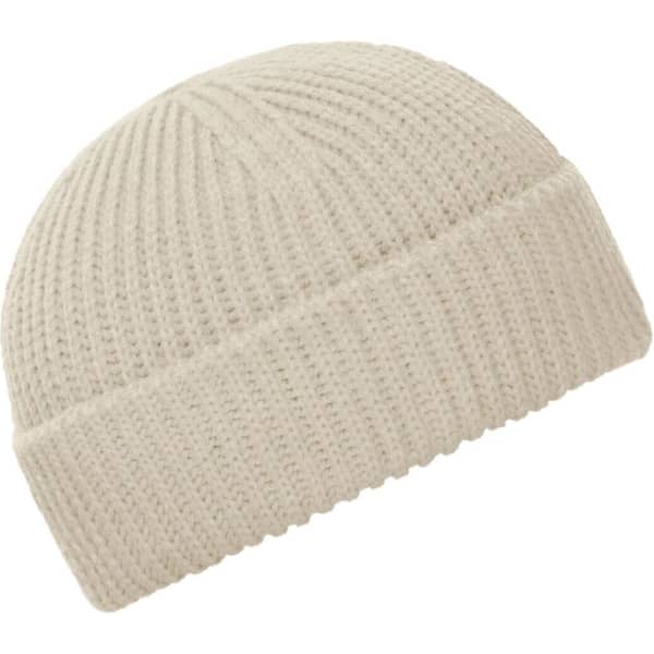 A light cream Fisherman Beanie with a ribbed texture, featuring a folded hem and a subtle logo.