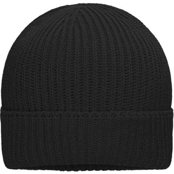 A black knitted winter beanie with a ribbed texture and a folded cuff. It features a logo.