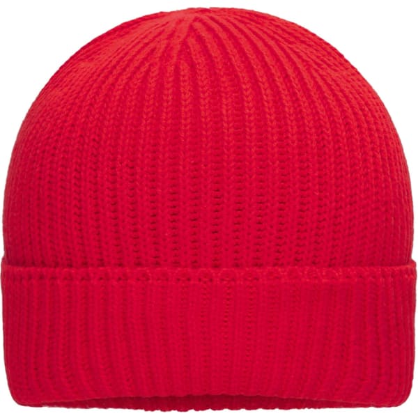 A red knitted winter beanie with a textured design and a folded brim. It features a branding logo.