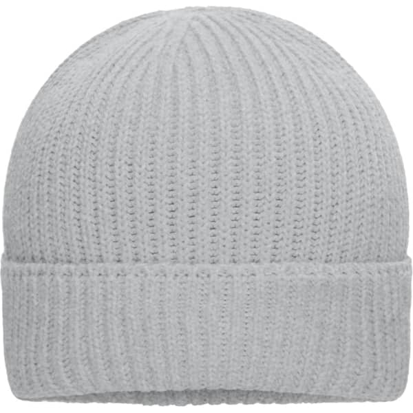 A grey ribbed winter beanie made from bio cotton, featuring a simplistic design and a folded cuff.