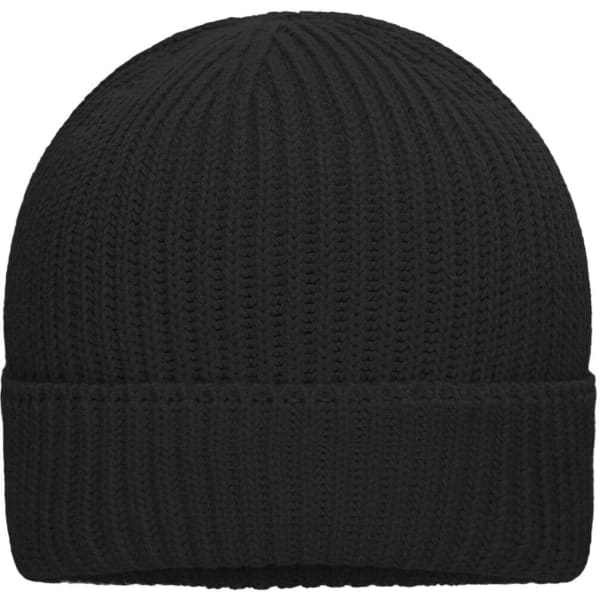 A black knitted winter beanie with a fold-over cuff and a textured pattern. It features a logo on the side.