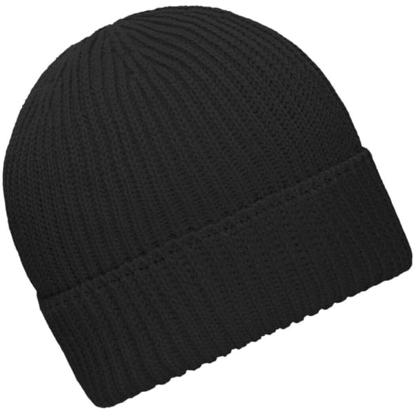 A black winter beanie with a ribbed texture and a folded cuff, featuring a logo.