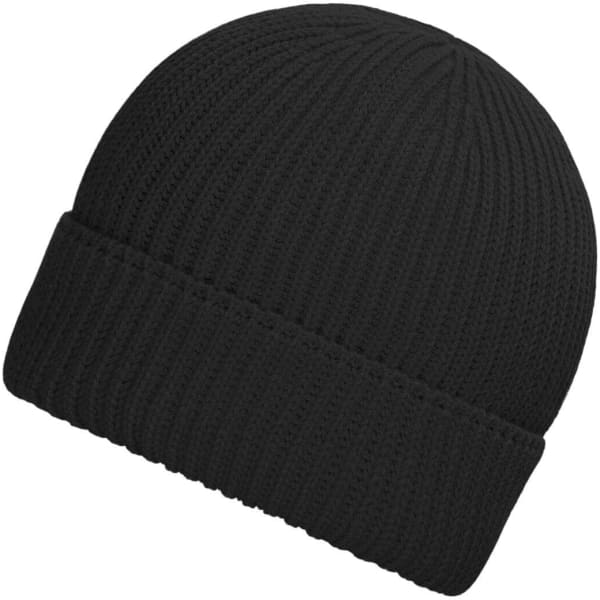 A black ribbed winter beanie made from bio cotton, featuring a simple, unadorned design.