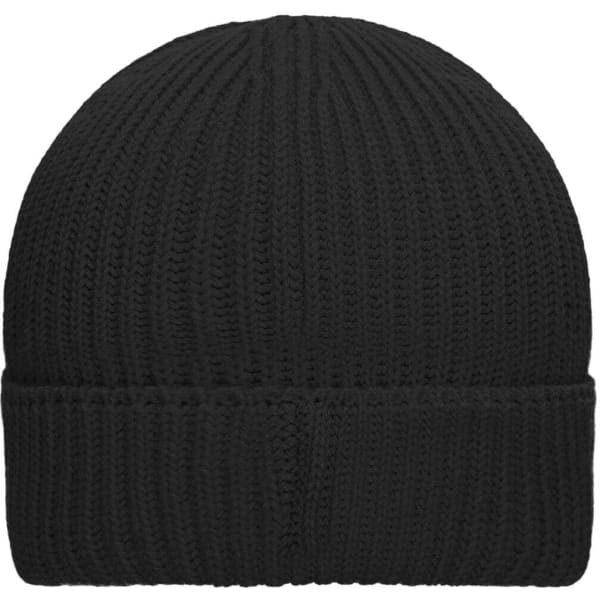 A black knitted winter beanie with a ribbed texture and a folded cuff. It features a logo.